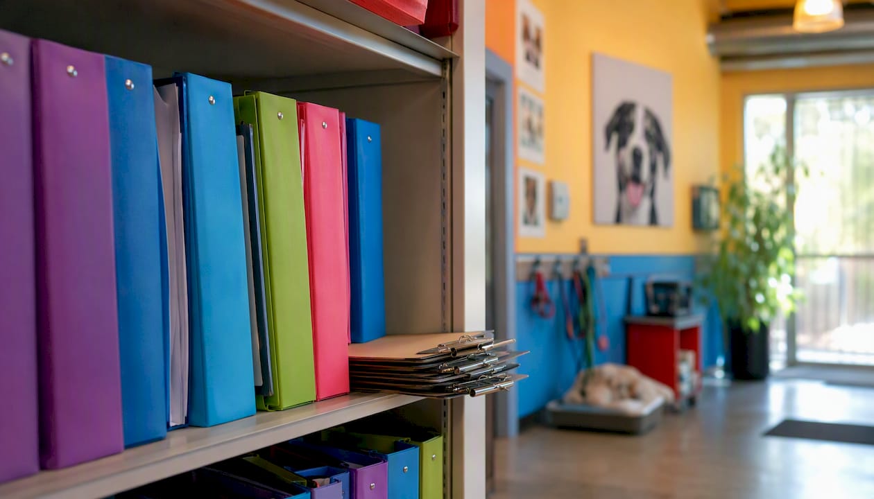 Unopened pet care binder on office shelf