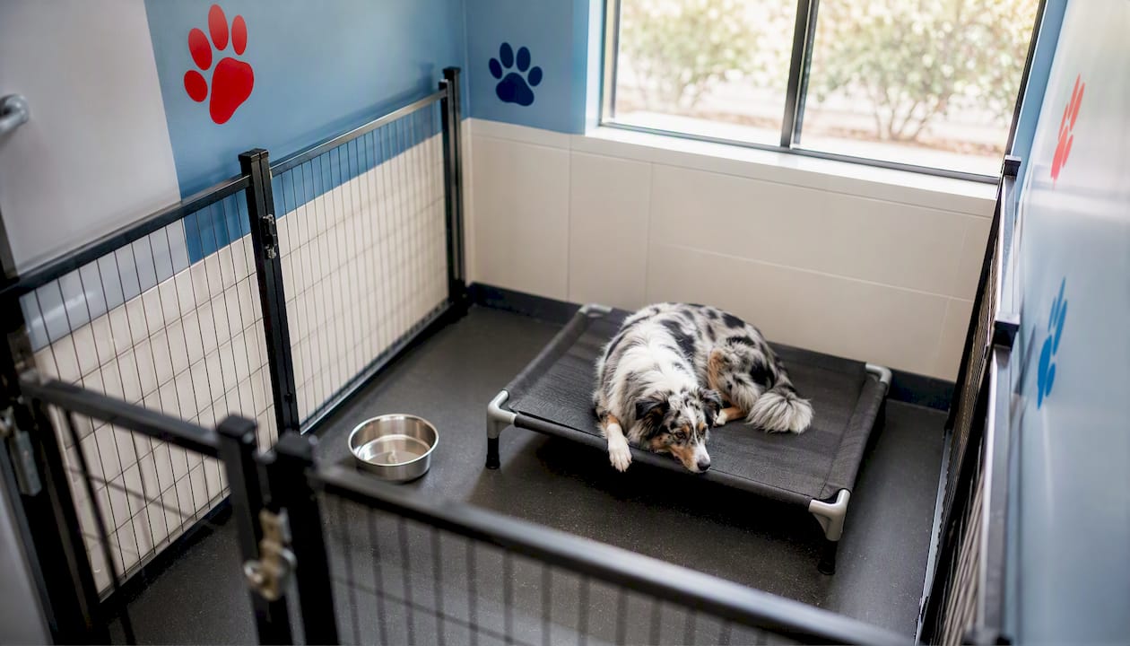 Dog daycare isolation pen prepared for sick dogs