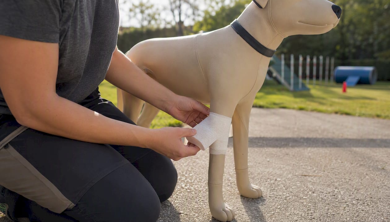 Hands applying dog first aid training bandage