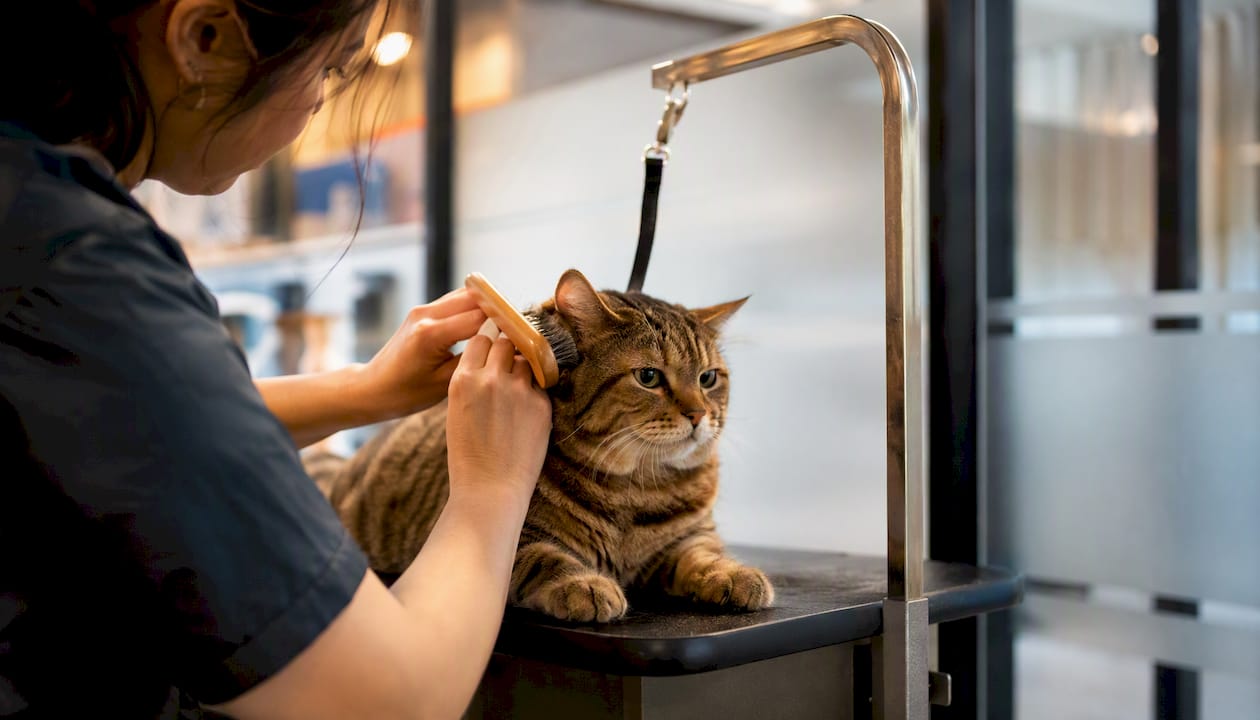 Cat groomed professionally on grooming table