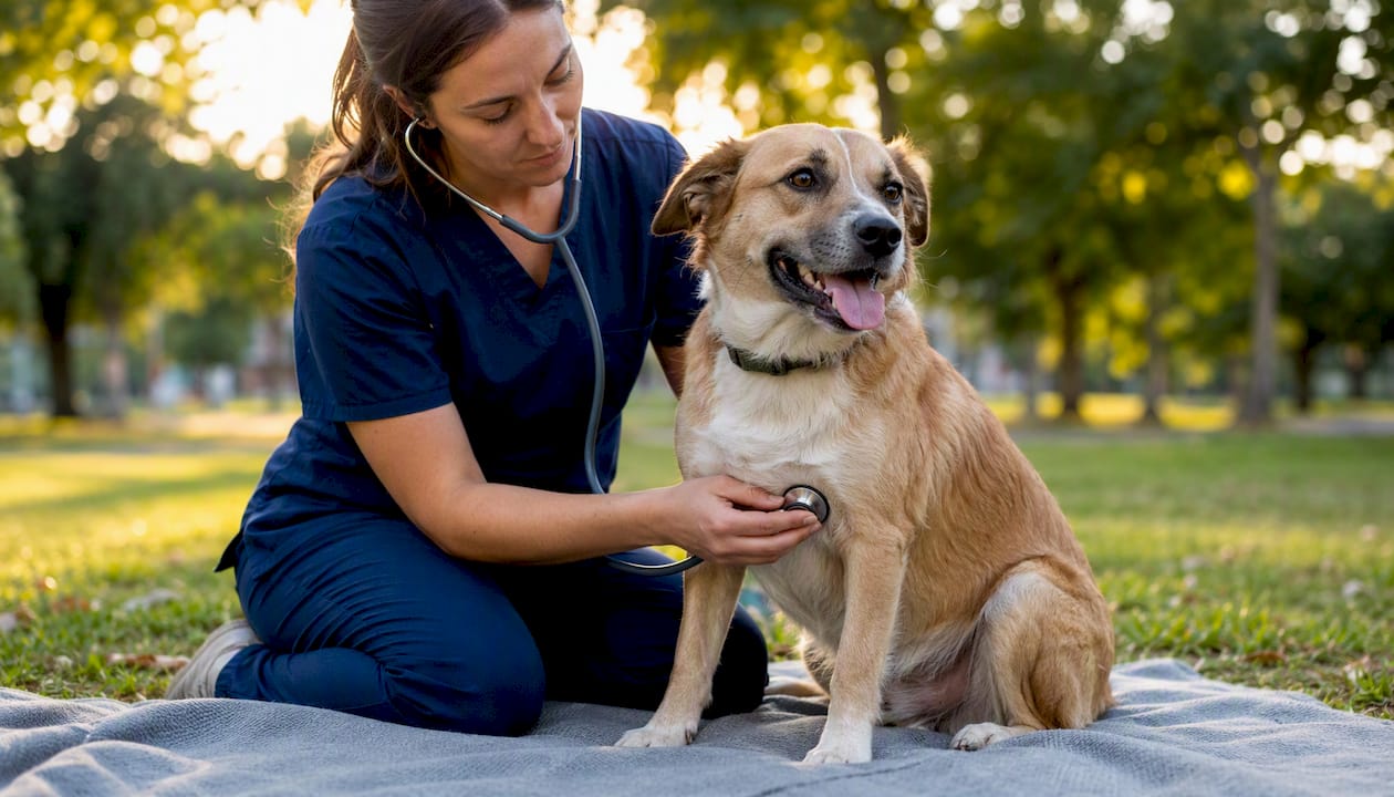 Veterinary technician checking dog health