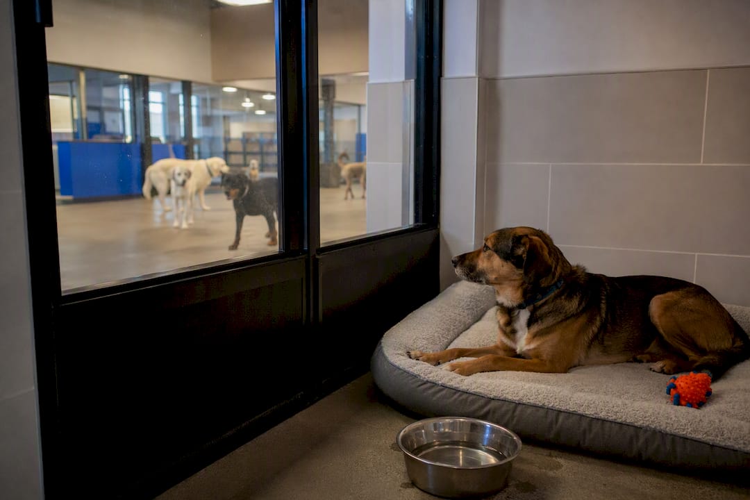 Dog resting in daycare isolation kennel