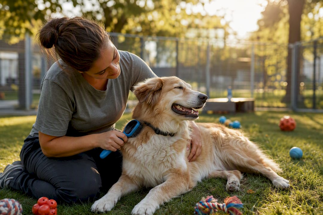Pet sitter comforting a dog