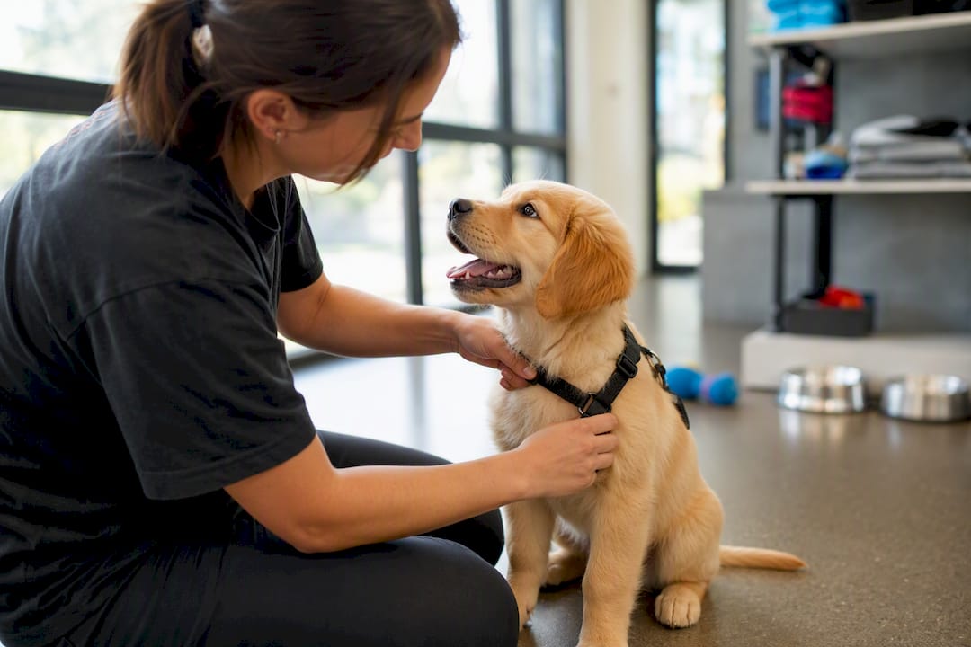 Handler adjusting harness on puppy during daycare intake