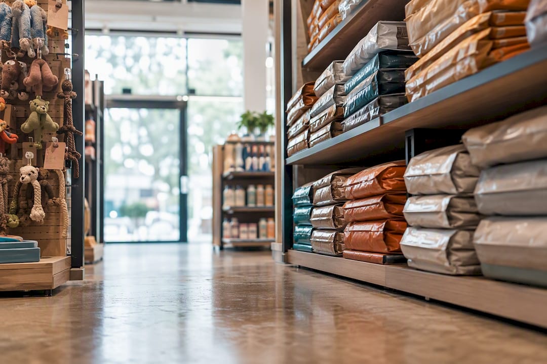 Pet store shelving with dog supplies