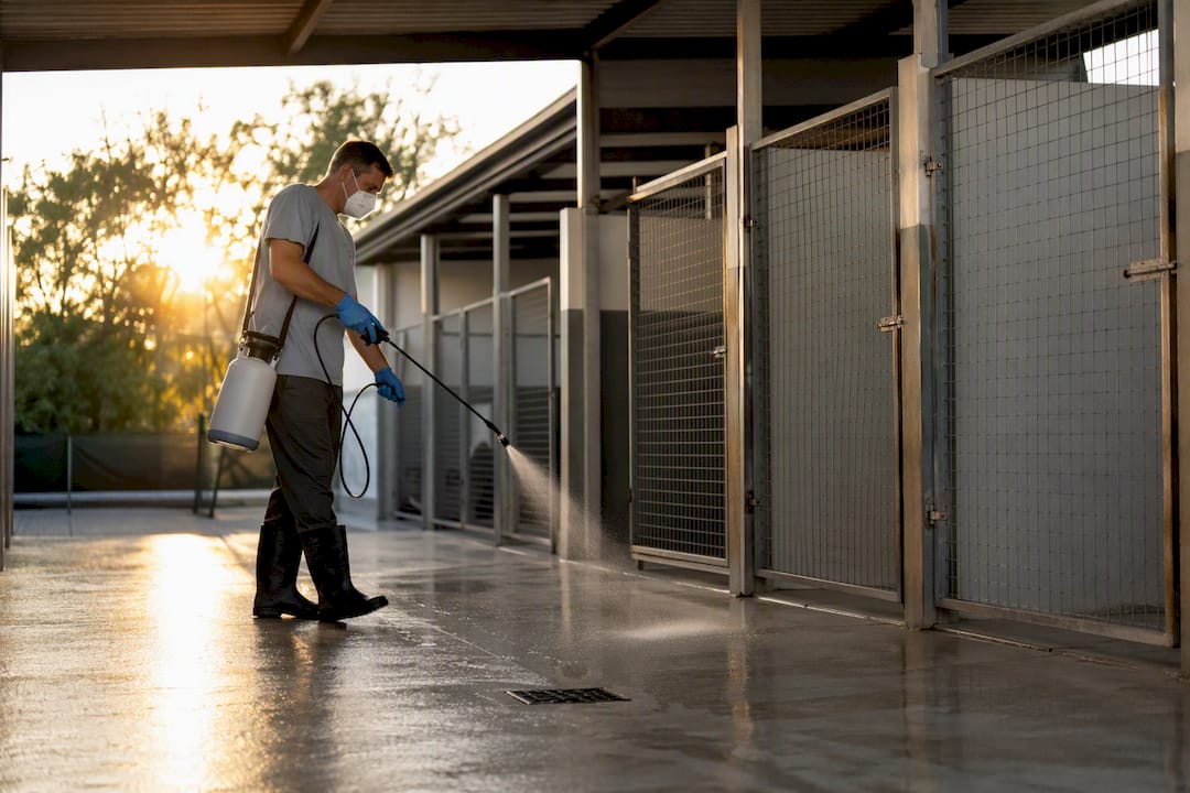 Attendant spraying disinfectant in kennel