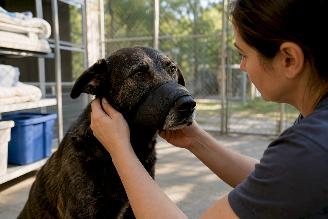 Hands putting muzzle on dog for safety