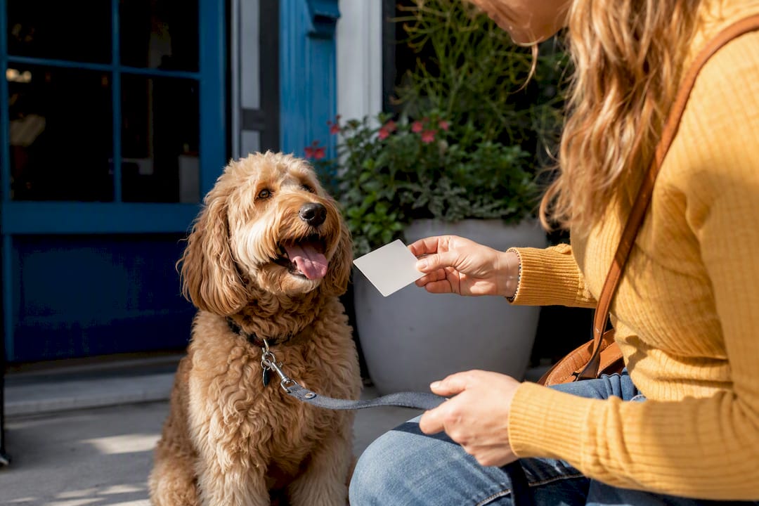 Dog owner sharing referral card outside salon