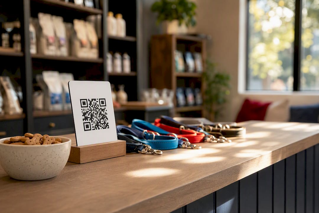 Pet care reception with QR code and leashes