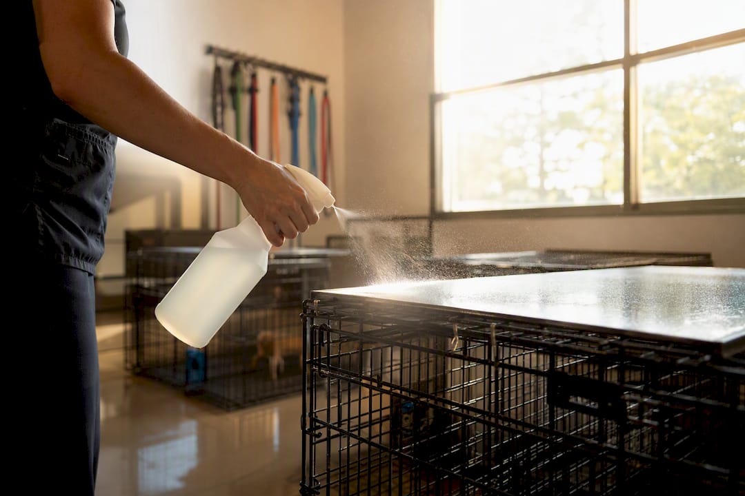 Staff disinfecting kennels during training