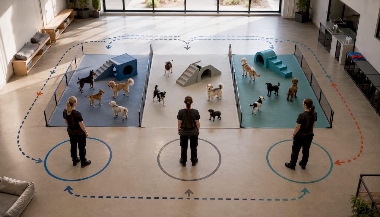 Illustration of dog daycare staffing zones