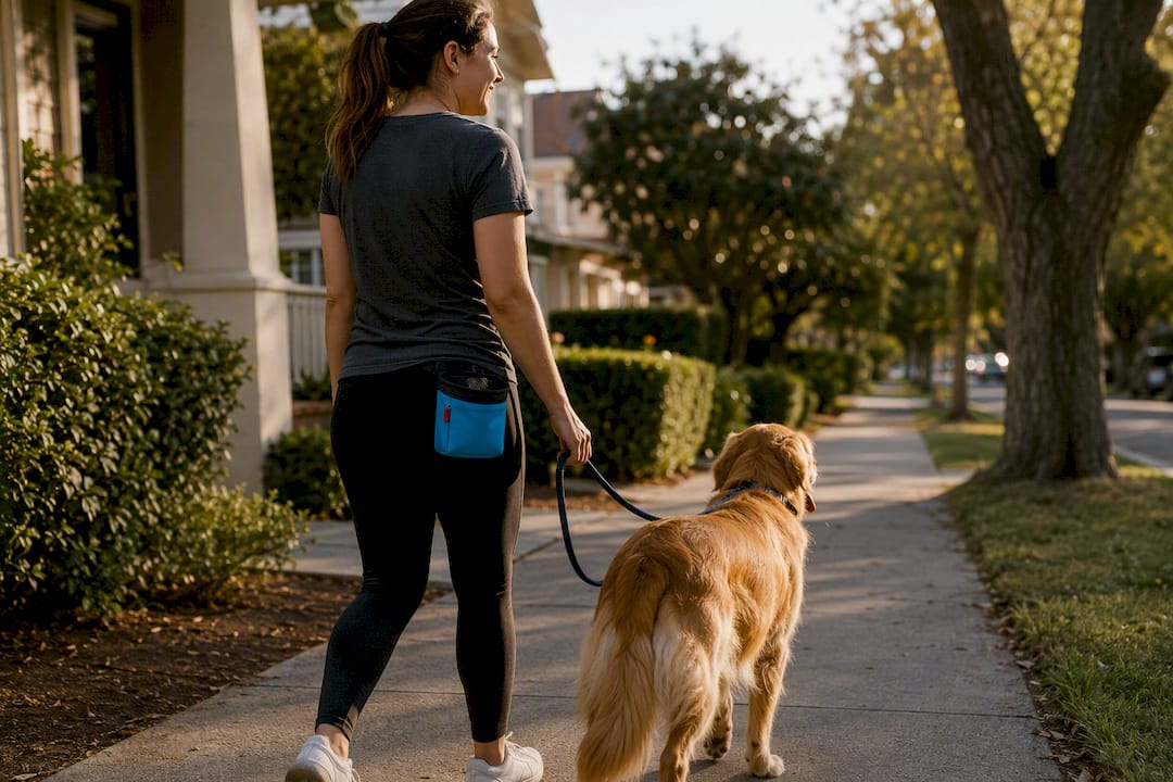 Pet sitter walking dog between visits