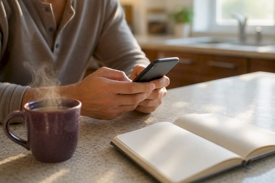 Hands holding phone near coffee cup composing message