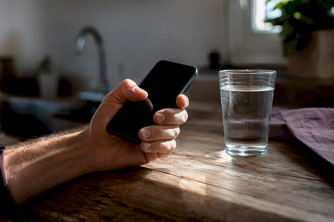 Hand gripping smartphone showing texting frustration