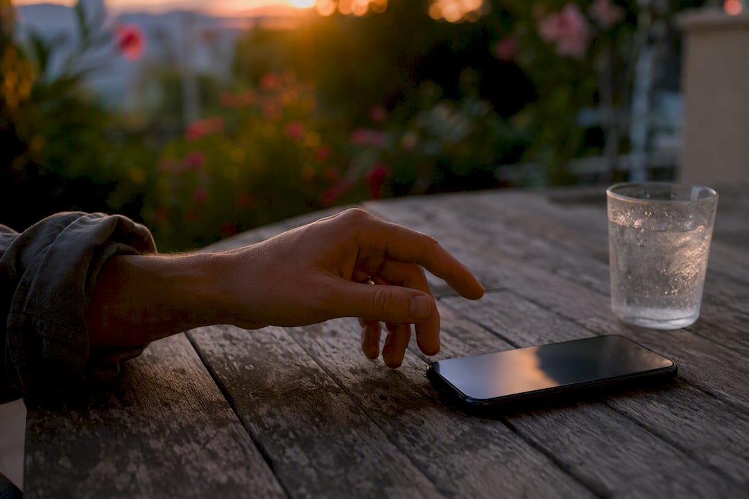 Hand hesitating over smartphone on table