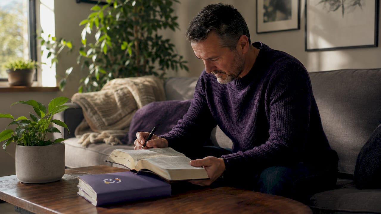 Man reading Bible and recovery books at rustic desk