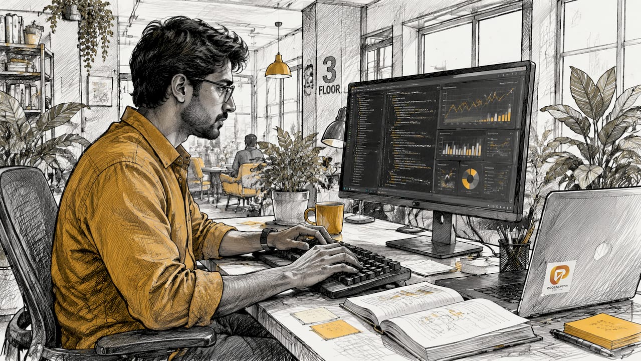 IT engineer reviewing mainframe code analytics