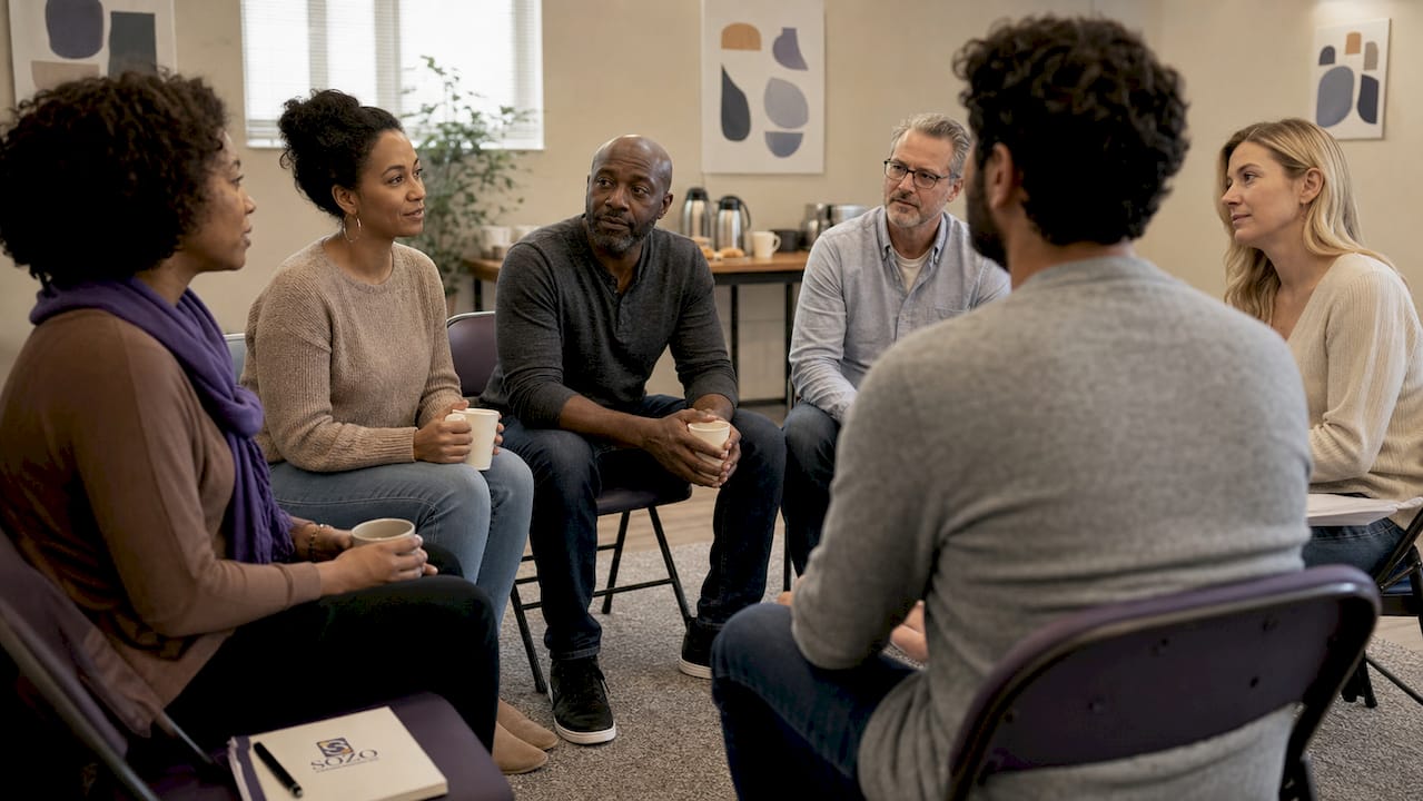 Group attending faith-based recovery meeting
