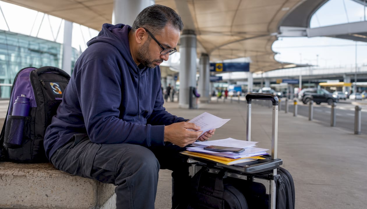 Man planning rehab travel at airport
