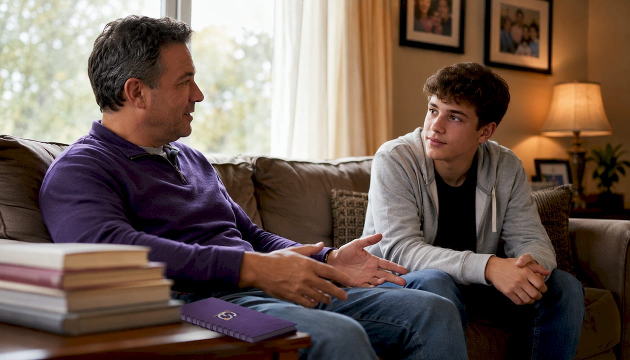 Parent calmly talking to teenage son at kitchen table