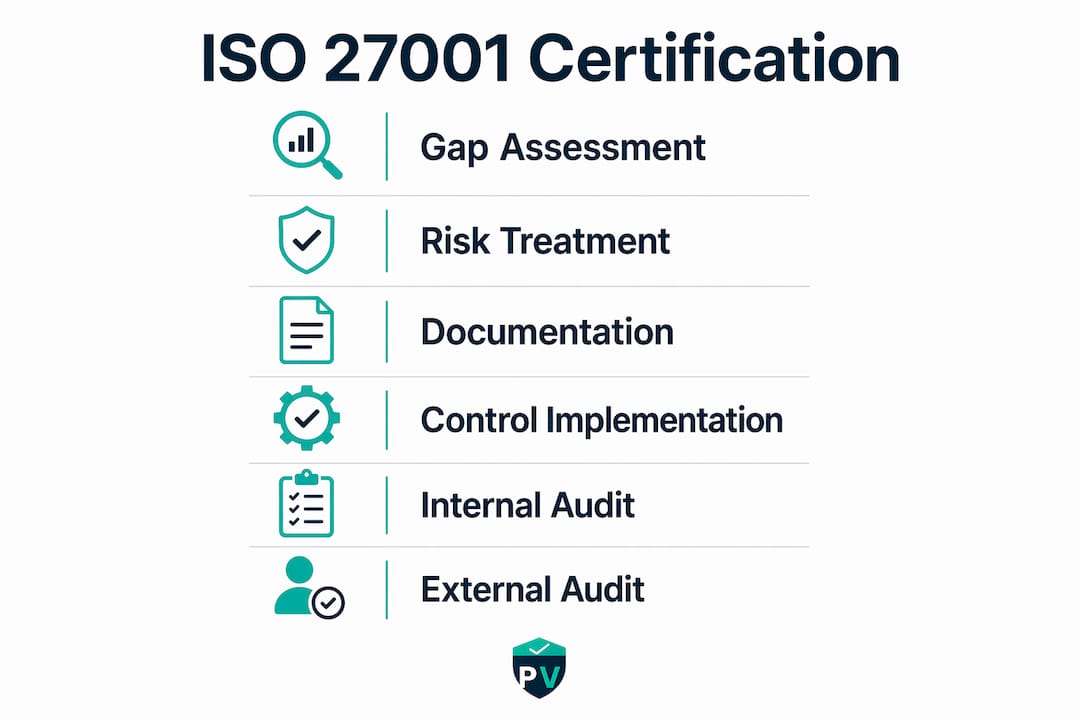 Vertical flow infographic showing ISO 27001 certification steps