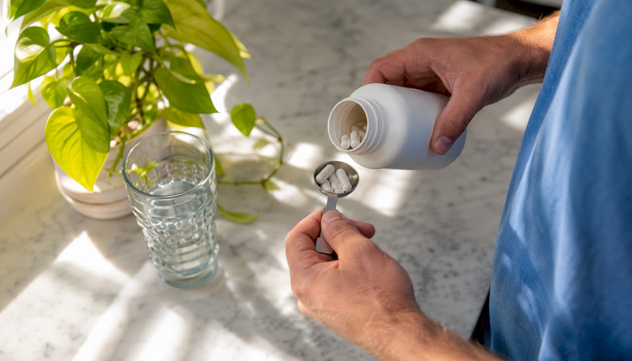 Hands opening creatine supplement bottle on table