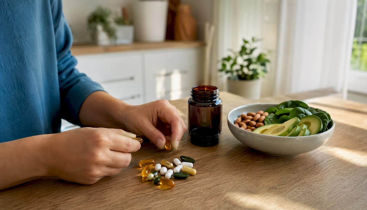 Hands holding vegan vitamin capsules with plant foods