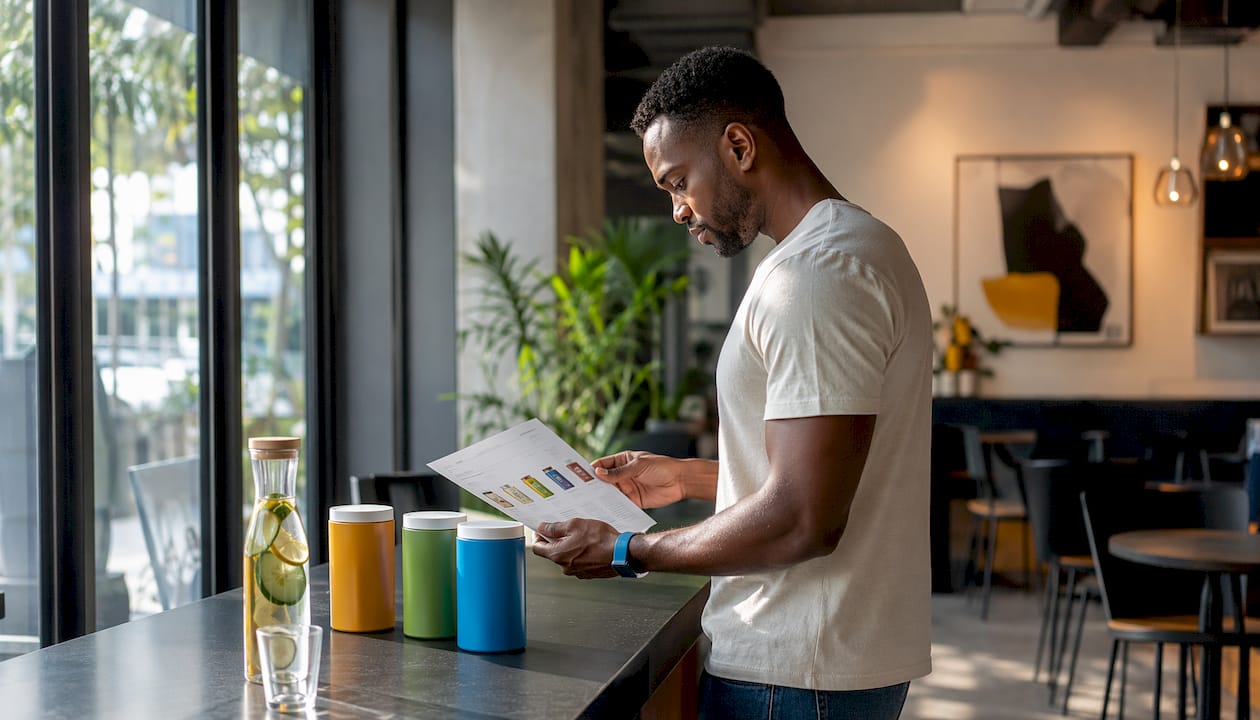 Man reviewing vegan supplement comparison chart