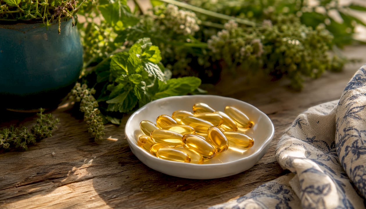 Close-up of CoQ10 supplement capsules