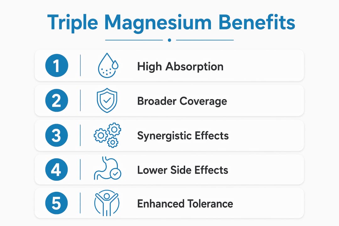 Infographic showing ranked benefits of triple form magnesium supplements