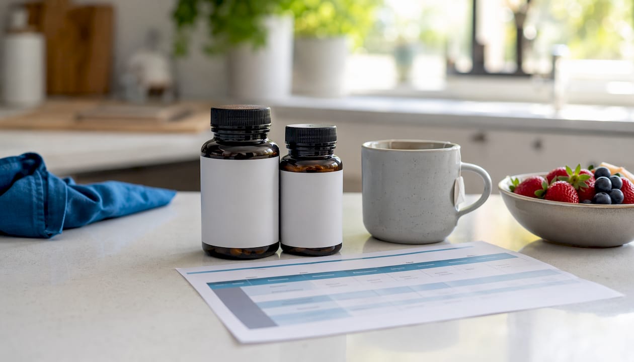 Office desk with vegan iron supplement bottles and comparison chart