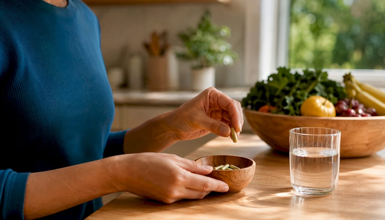 Hands pouring vitamin C enriched vegan iron capsules