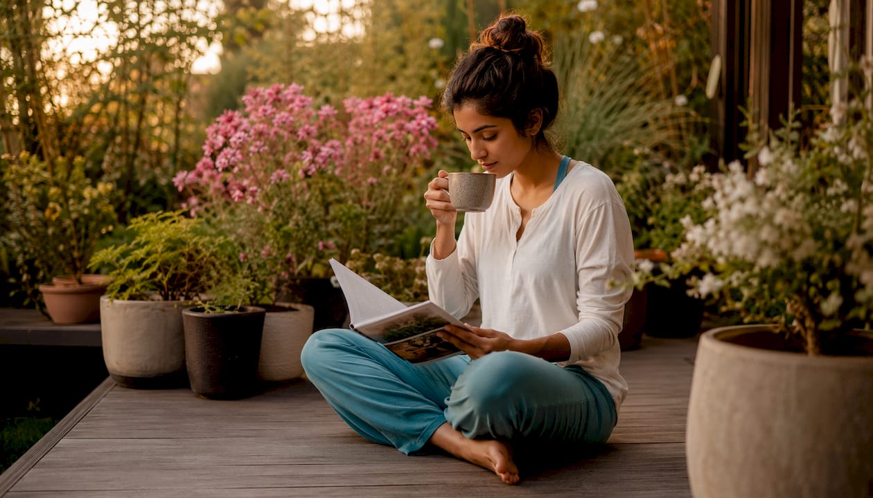 Woman relaxing outdoors with adaptogen supplements