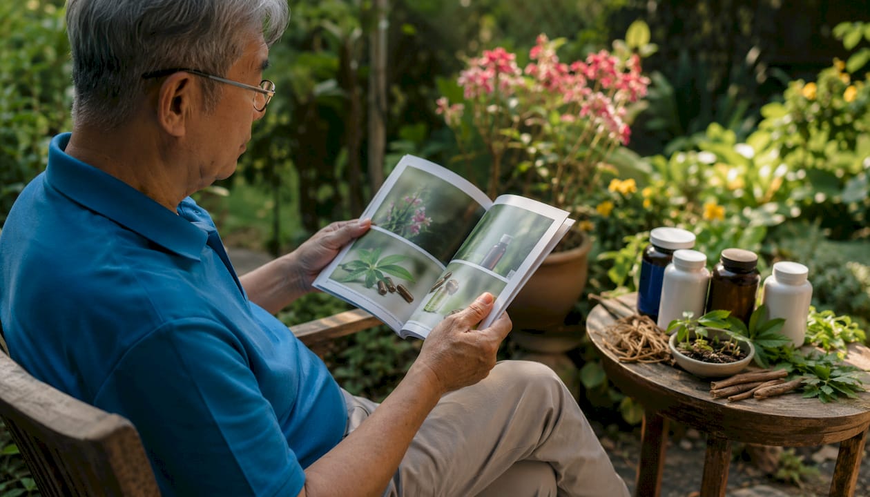 Elderly man researching plant supplements
