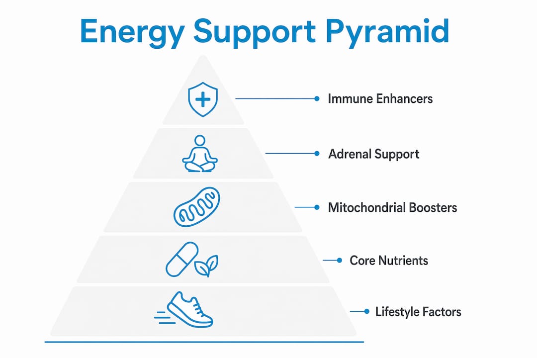 Infographic illustrating plant supplement energy support hierarchy