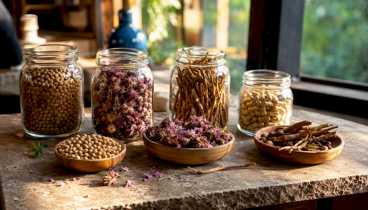Overhead view of botanical menopause supplements and herbs