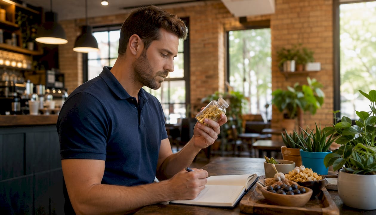 Man checking supplement label and certification