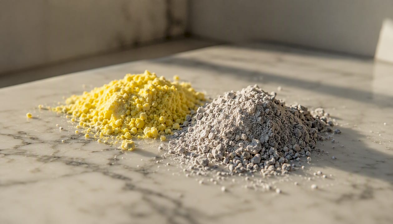 Close-up of sulfur and zinc mineral powders