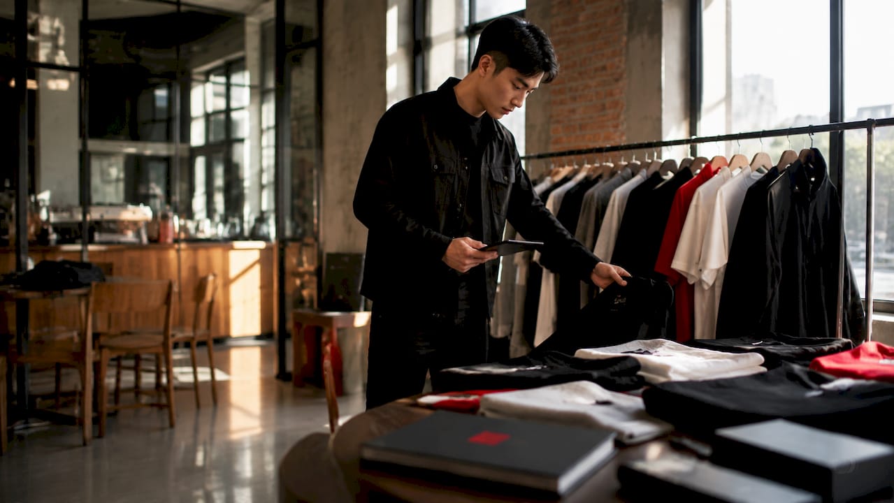 Stylist organizing luxury streetwear in retail space with digital device