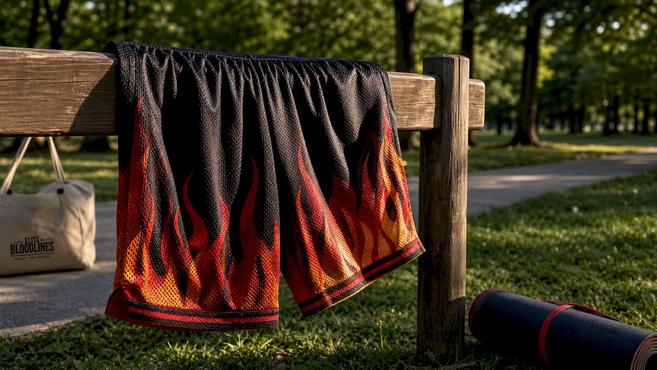 Close-up of polyester mesh flame shorts detail