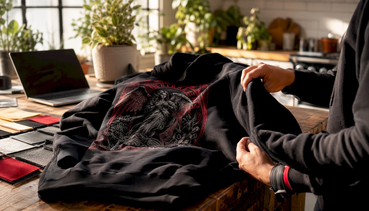 Close-up of hands and heavyweight hoodie fabric detail