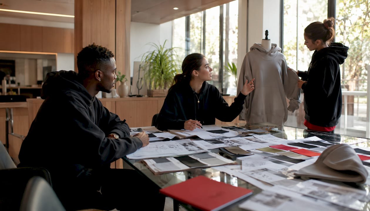 Designers collaborating on luxury streetwear collection