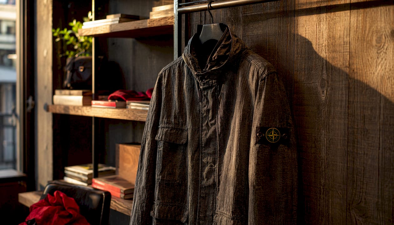 Close-up of Stone Island oversized jacket in boutique