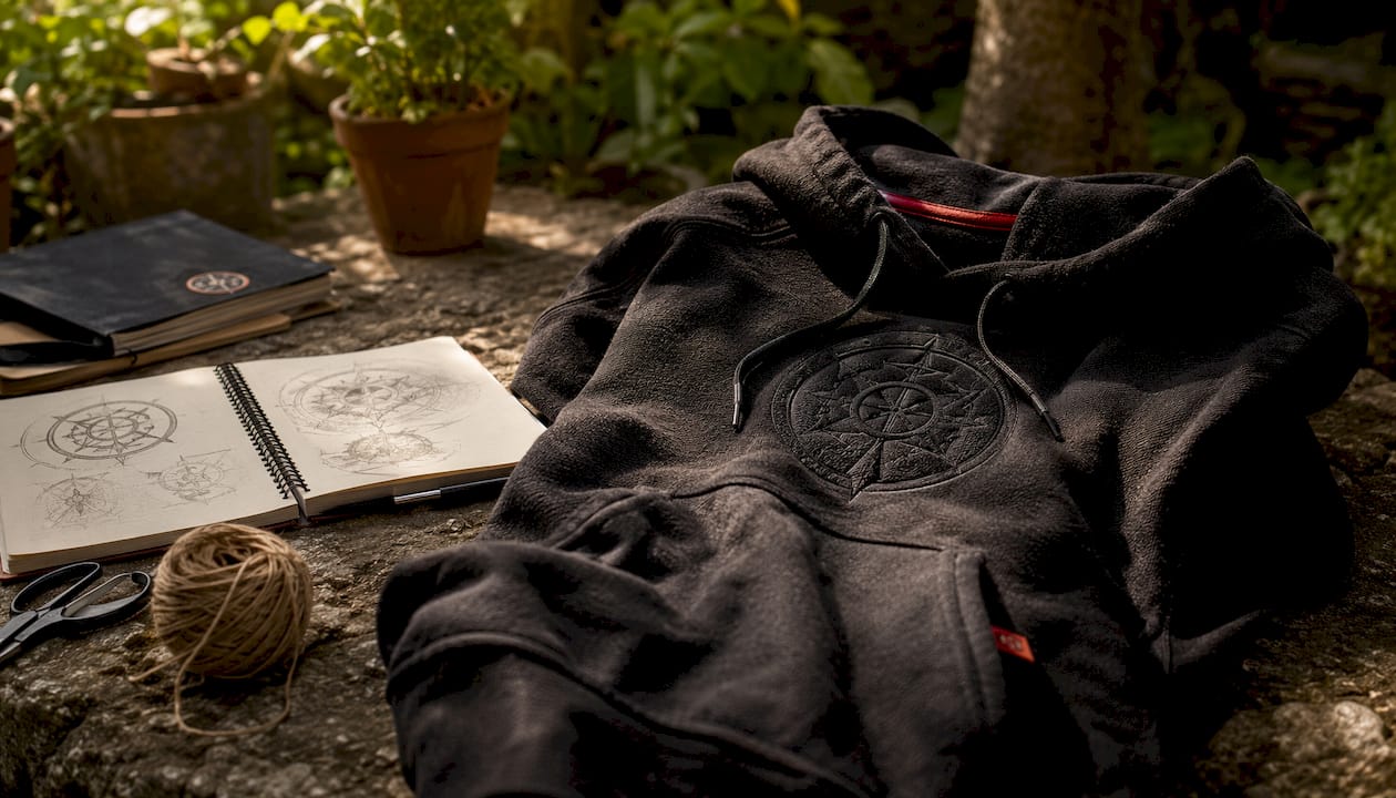 Close-up detail of sigil hoodie fabric and embroidery