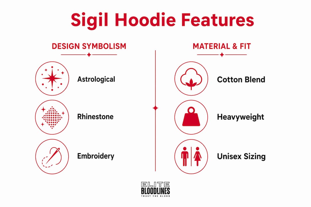 Infographic comparing sigil hoodie design and material features