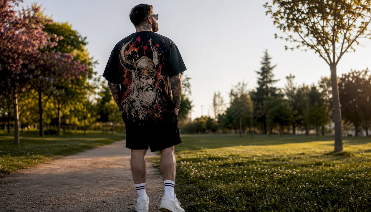 Detail of person wearing heavyweight Norse t-shirt outdoors