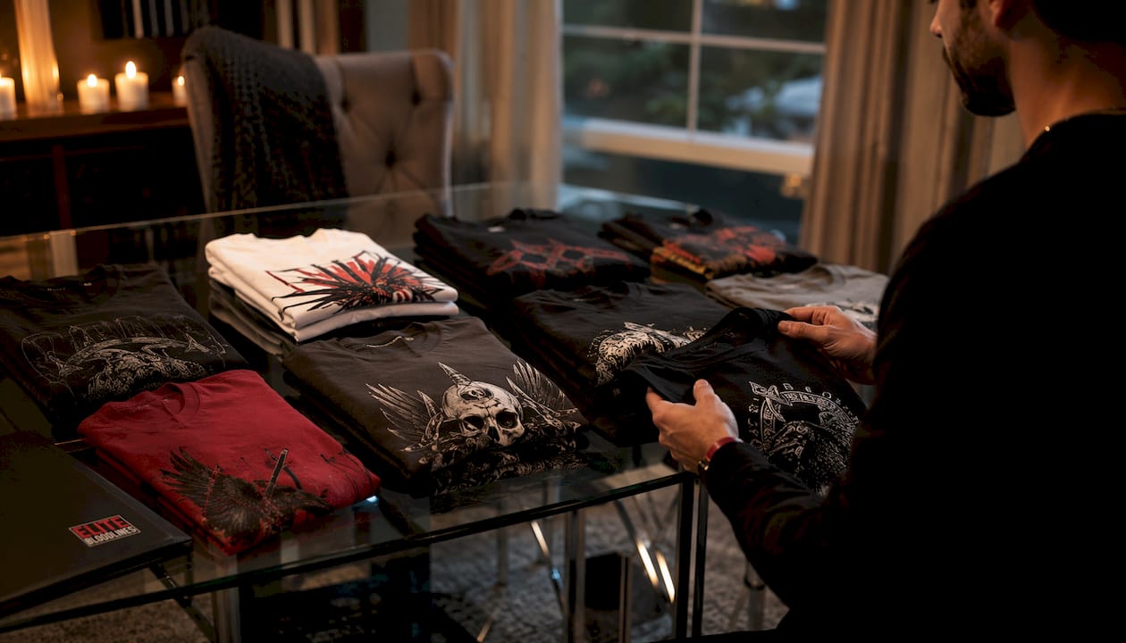 Assortment of Valhalla-themed t-shirts on table