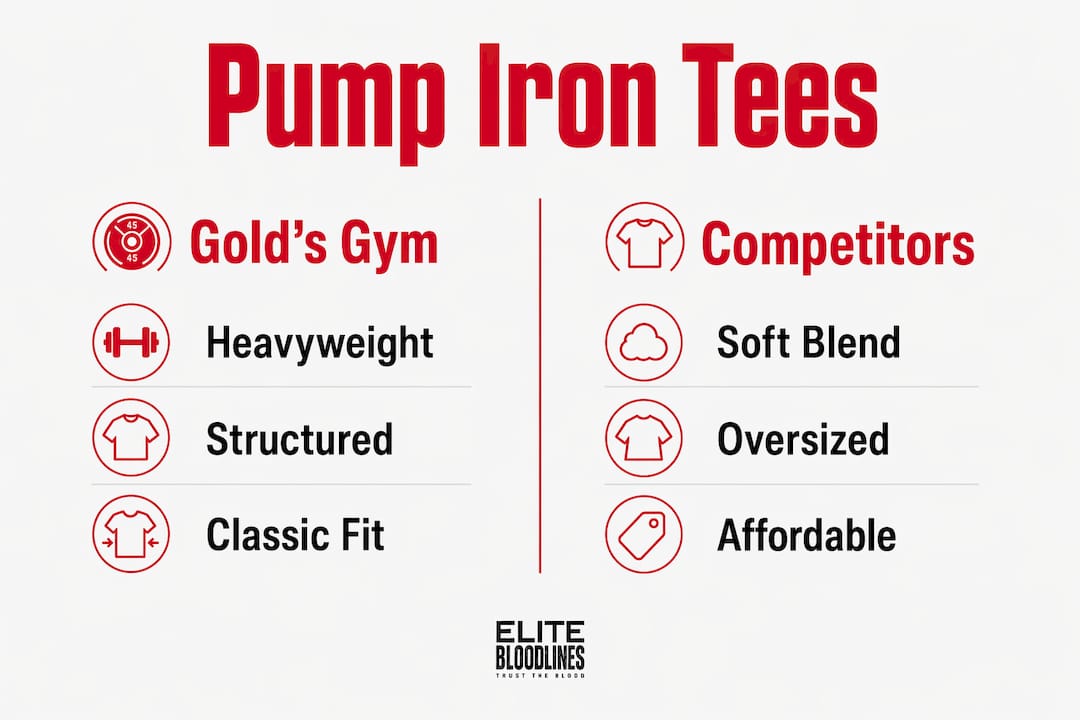 Infographic comparing features of Pumping Iron t-shirts