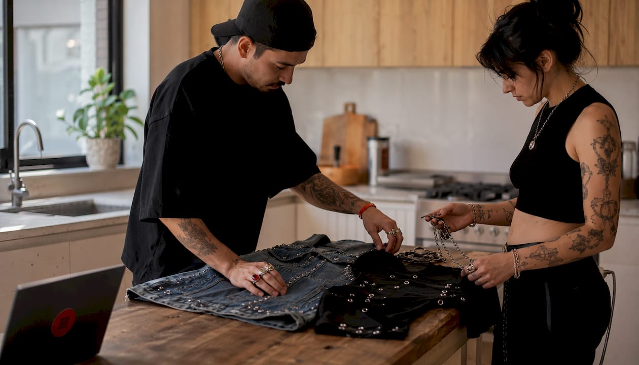 Overhead view of pierced clothing and styling session