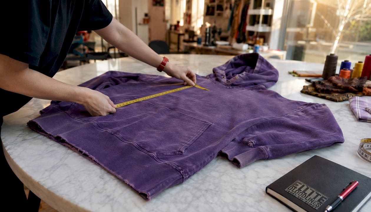 Hands measuring vintage purple hoodie chest width